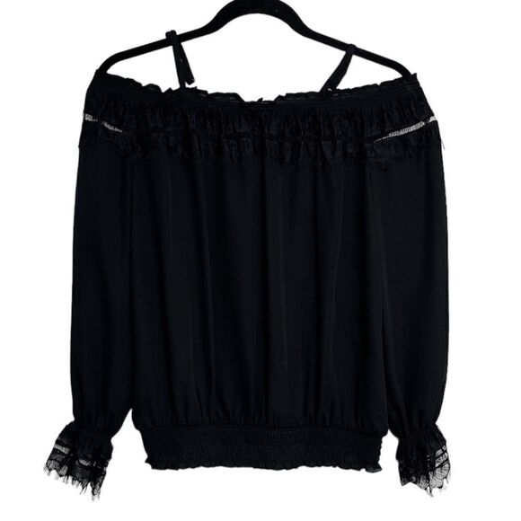 BCX Off the shoulder lace trim Long Sleeve Blouse Black Size Small - Picture 2 of 5
